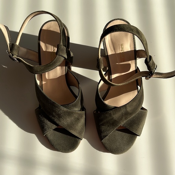 Sapena sandals Suede leather, made in Spain, olive green block heel - Picture 6 of 12